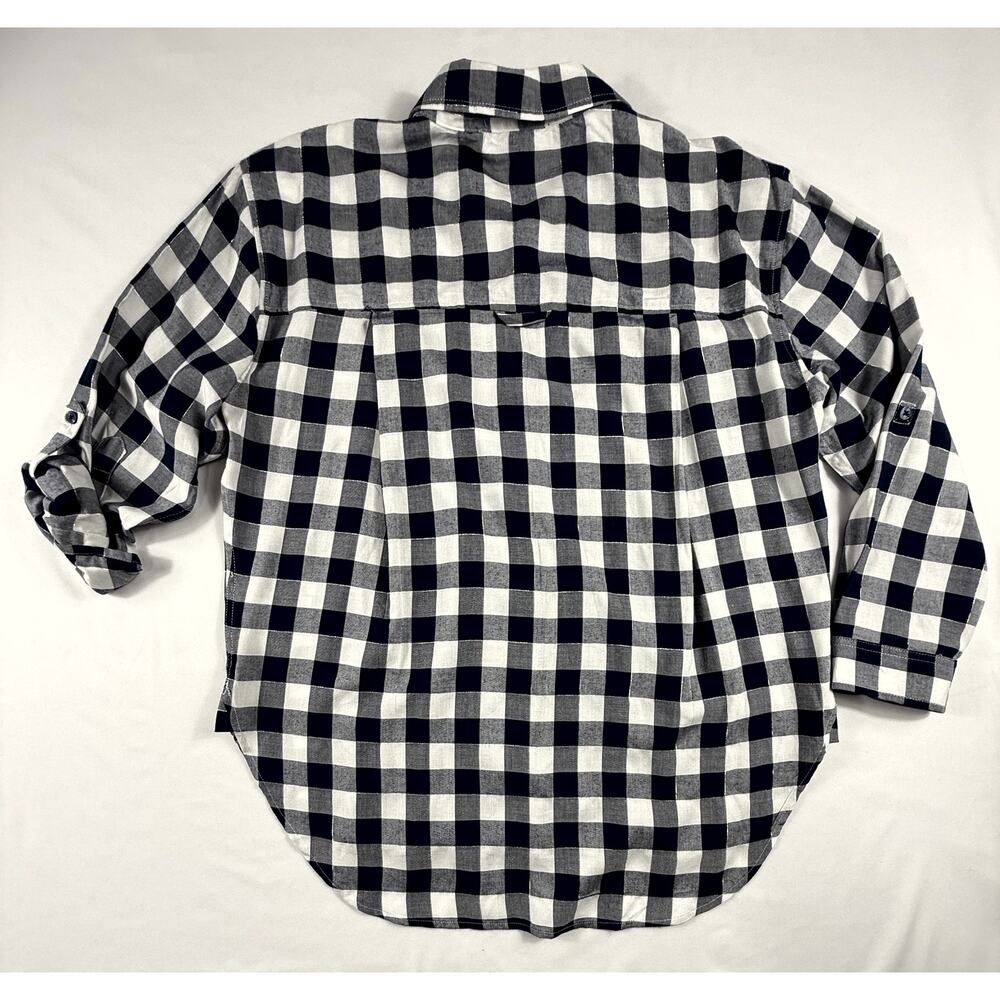 Gloria Vanderbilt Womens shirt M Navy White Silver Plaid 3/4 Roll-Tab Sleeves - Picture 8 of 11